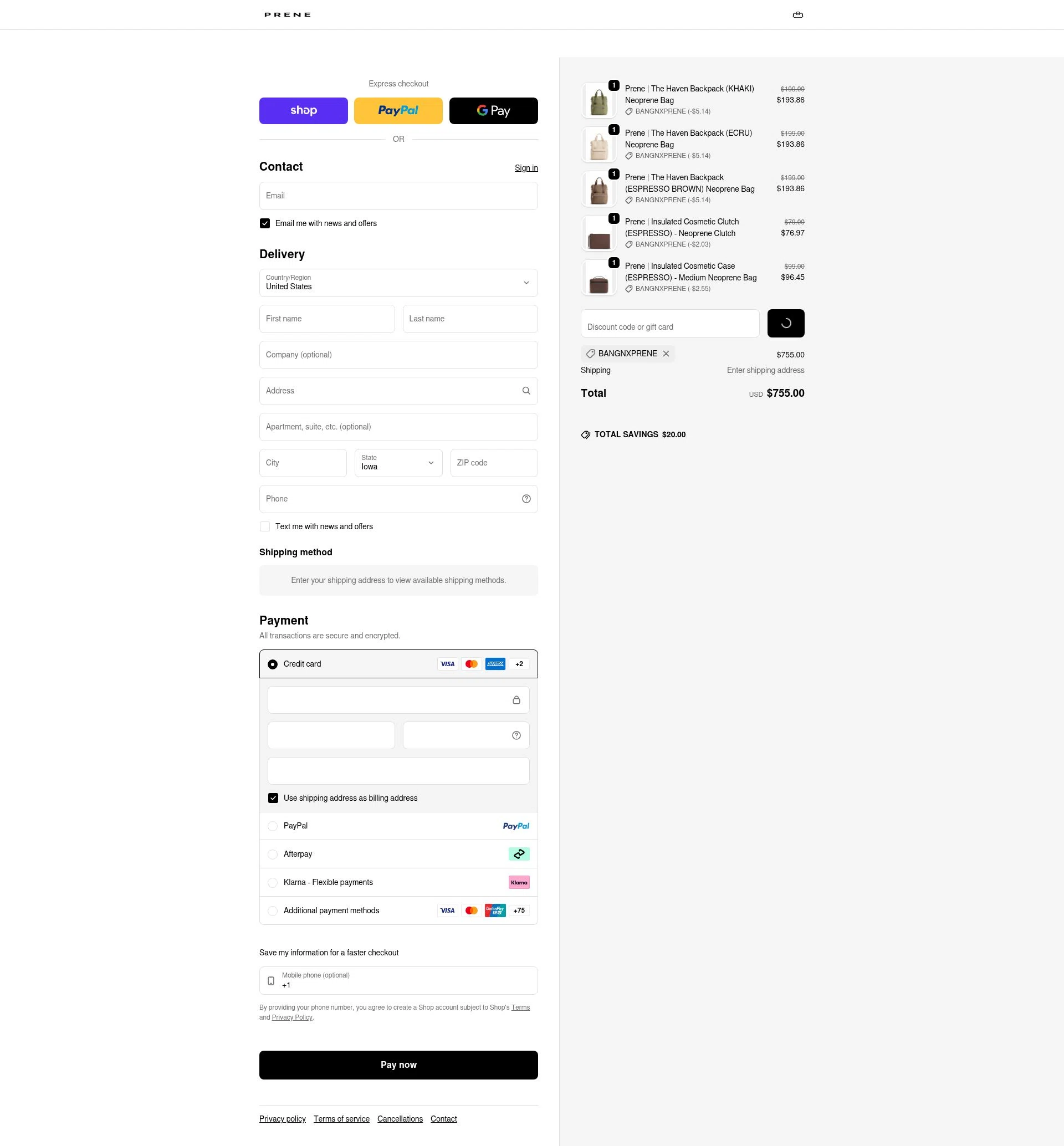 Prene Bags checkout page showing Prene Bags promo code box | Screenshot taken by SimplyCodes community member on Feb 8, 2026