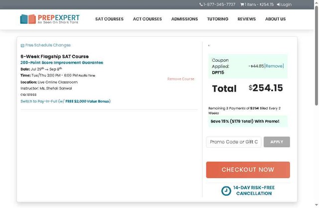 Prep Expert checkout page showing Prep Expert discount code box | Screenshot taken by SimplyCodes community member on Aug 27, 2025