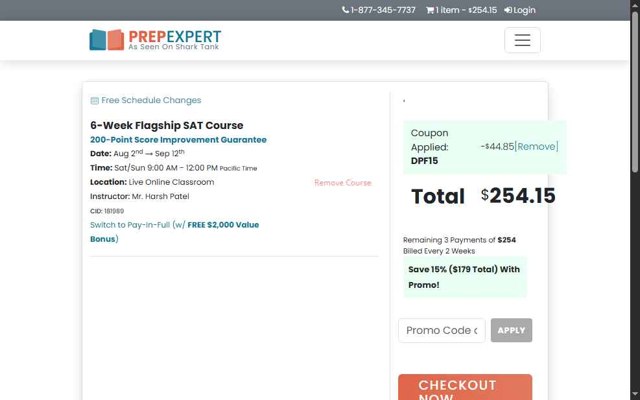 Prep Expert checkout page showing Prep Expert discount code box | Screenshot taken by SimplyCodes community member on Jul 29, 2025