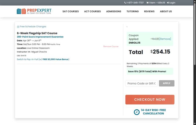 Prep Expert checkout page showing Prep Expert discount code box | Screenshot taken by SimplyCodes community member on Aug 29, 2025