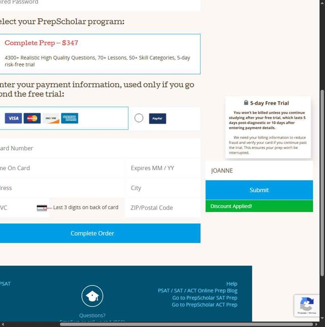PrepScholar checkout page showing PrepScholar discount code box | Screenshot taken by SimplyCodes community member on Jul 5, 2025