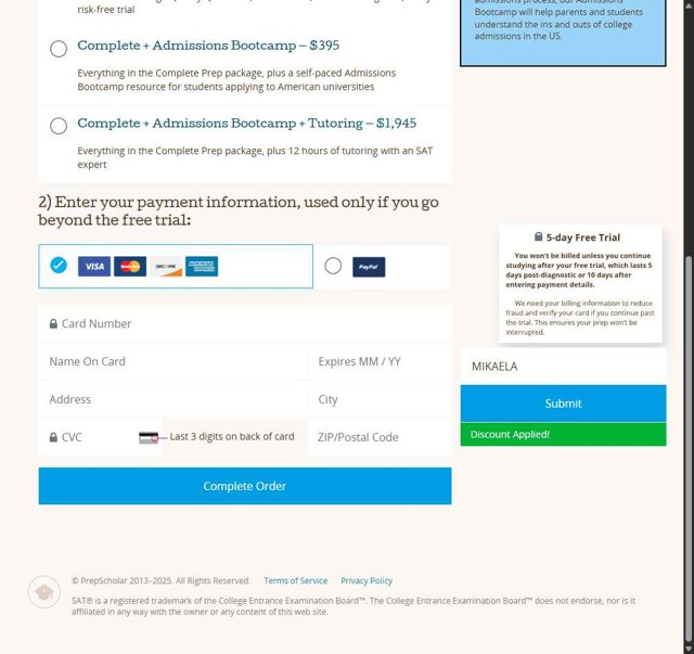 PrepScholar checkout page showing PrepScholar discount code box | Screenshot taken by SimplyCodes community member on Jun 18, 2025