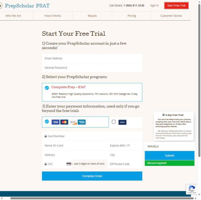 PrepScholar checkout page showing PrepScholar discount code box | Screenshot taken by SimplyCodes community member on May 19, 2025