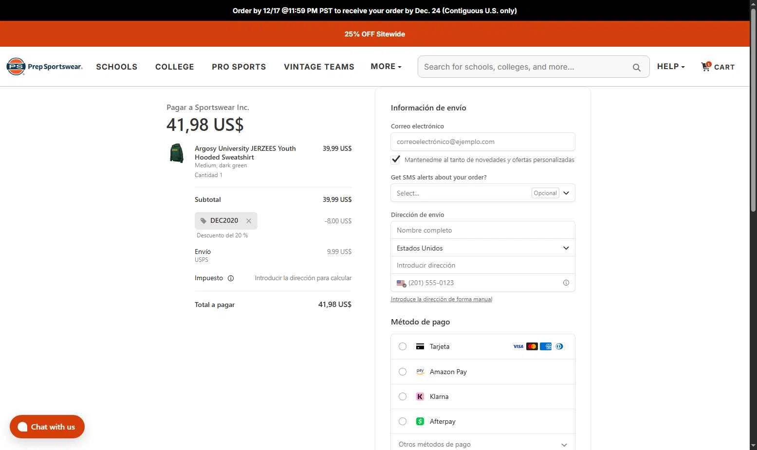 Prep Sportswear checkout page showing Prep Sportswear promo code box | Screenshot taken by SimplyCodes community member on Dec 20, 2025