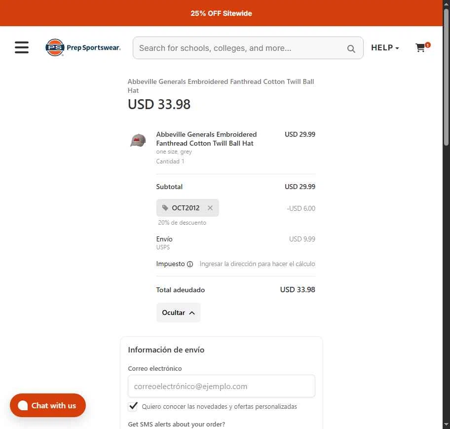 Prep Sportswear checkout page showing Prep Sportswear promo code box | Screenshot taken by SimplyCodes community member on Oct 13, 2025