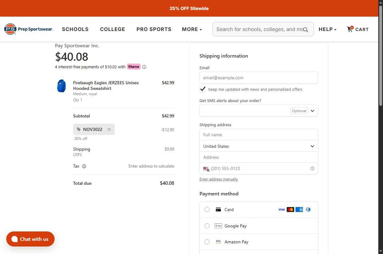 Prep Sportswear checkout page showing Prep Sportswear promo code box | Screenshot taken by SimplyCodes community member on Nov 24, 2025