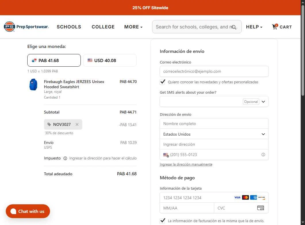 Prep Sportswear checkout page showing Prep Sportswear promo code box | Screenshot taken by SimplyCodes community member on Nov 27, 2025