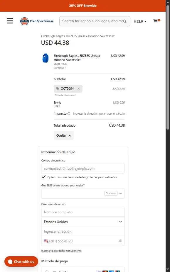 Prep Sportswear checkout page showing Prep Sportswear promo code box | Screenshot taken by SimplyCodes community member on Oct 4, 2025