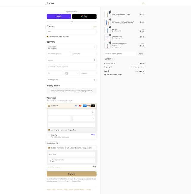 Prequel checkout page showing Prequel discount code box | Screenshot taken by SimplyCodes community member on Aug 30, 2025