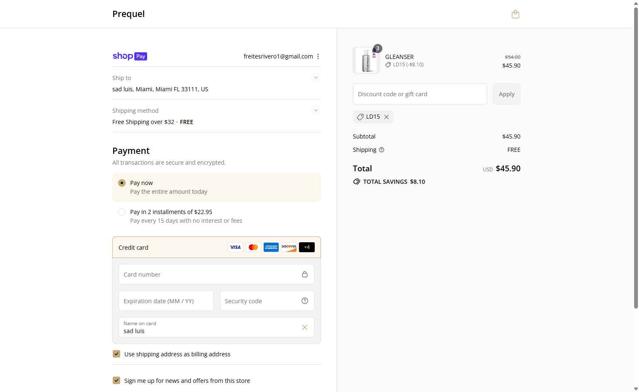 Prequel checkout page showing Prequel discount code box | Screenshot taken by SimplyCodes community member on Aug 28, 2025