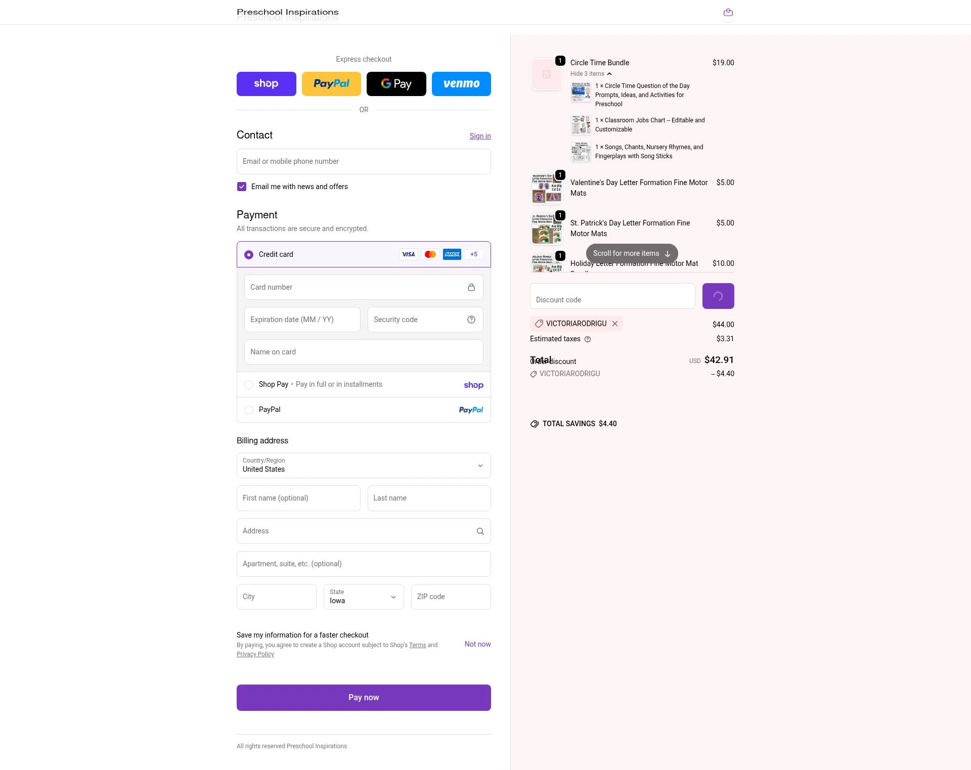 Preschool Inspirations checkout page showing Preschool Inspirations promo code box | Screenshot taken by SimplyCodes community member on Feb 15, 2026