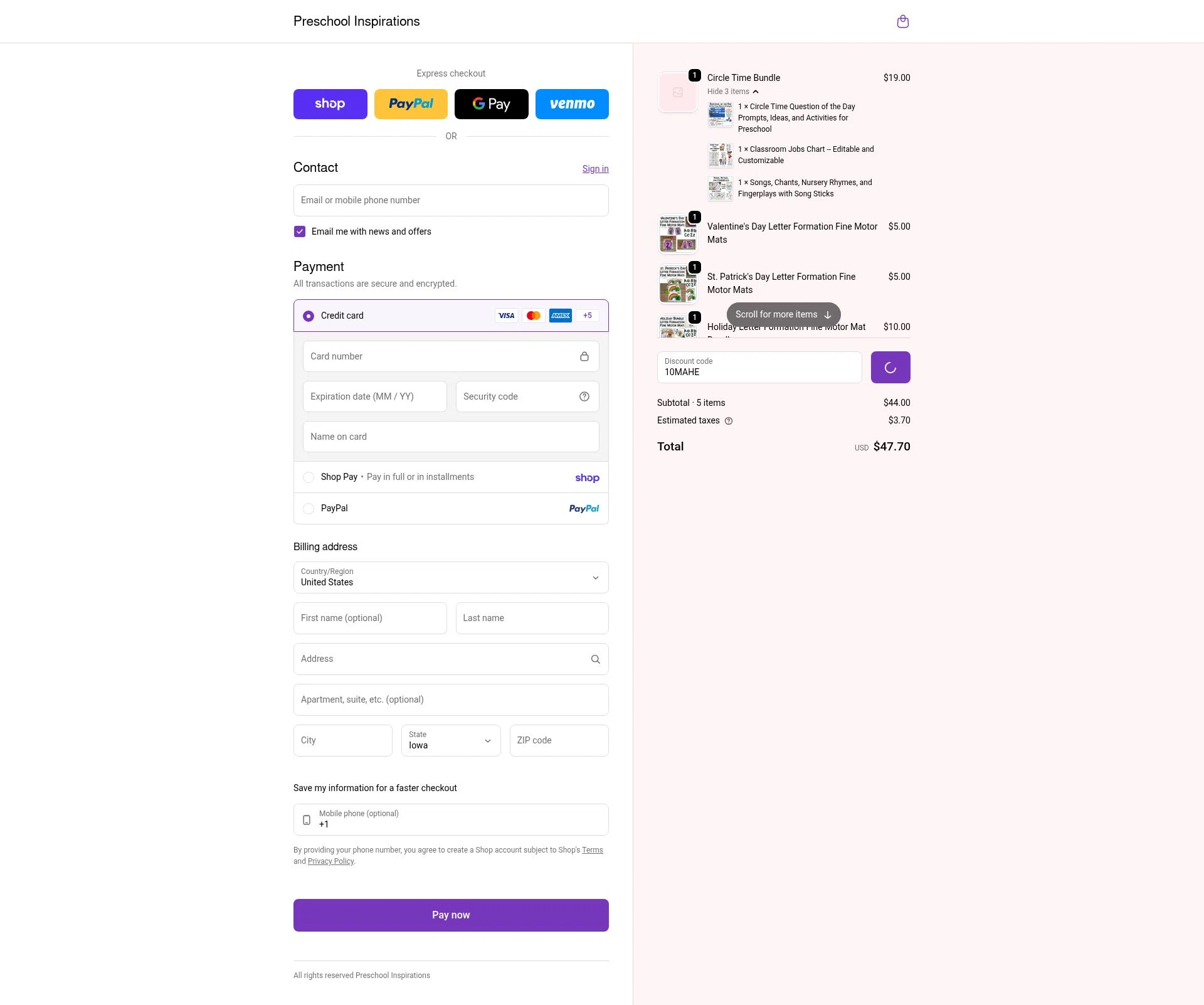 Preschool Inspirations checkout page showing Preschool Inspirations promo code box | Screenshot taken by SimplyCodes community member on Feb 15, 2026