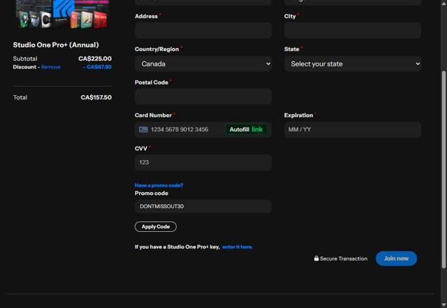 PreSonus checkout page showing PreSonus promo code box | Screenshot taken by SimplyCodes community member on Jul 26, 2025