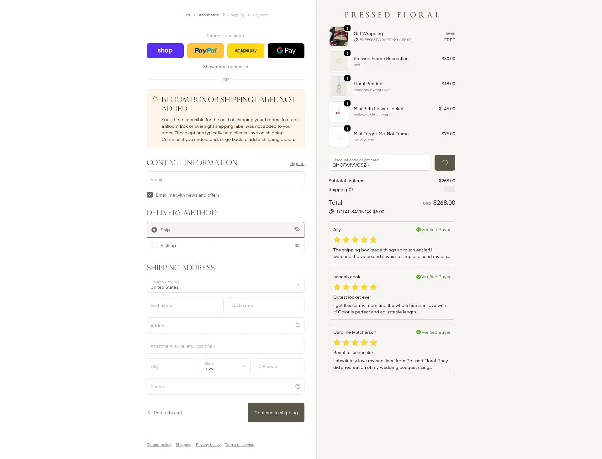 Pressed Floral checkout page showing Pressed Floral discount code box | Screenshot taken by SimplyCodes community member on Dec 28, 2025