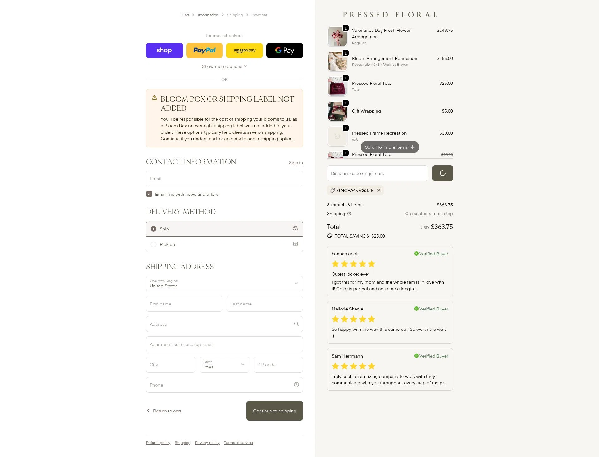 Pressed Floral checkout page showing Pressed Floral discount code box | Screenshot taken by SimplyCodes community member on Jan 2, 2026