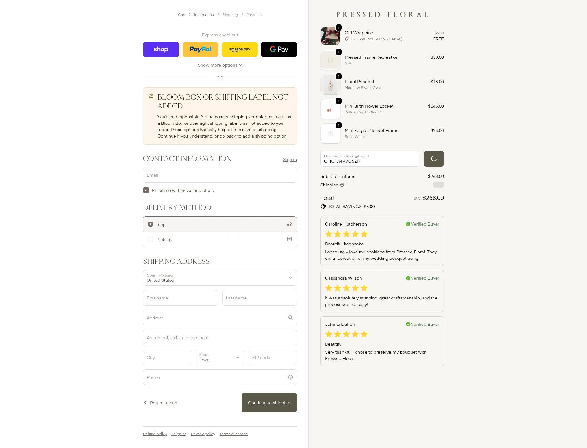 Pressed Floral checkout page showing Pressed Floral discount code box | Screenshot taken by SimplyCodes community member on Dec 23, 2025