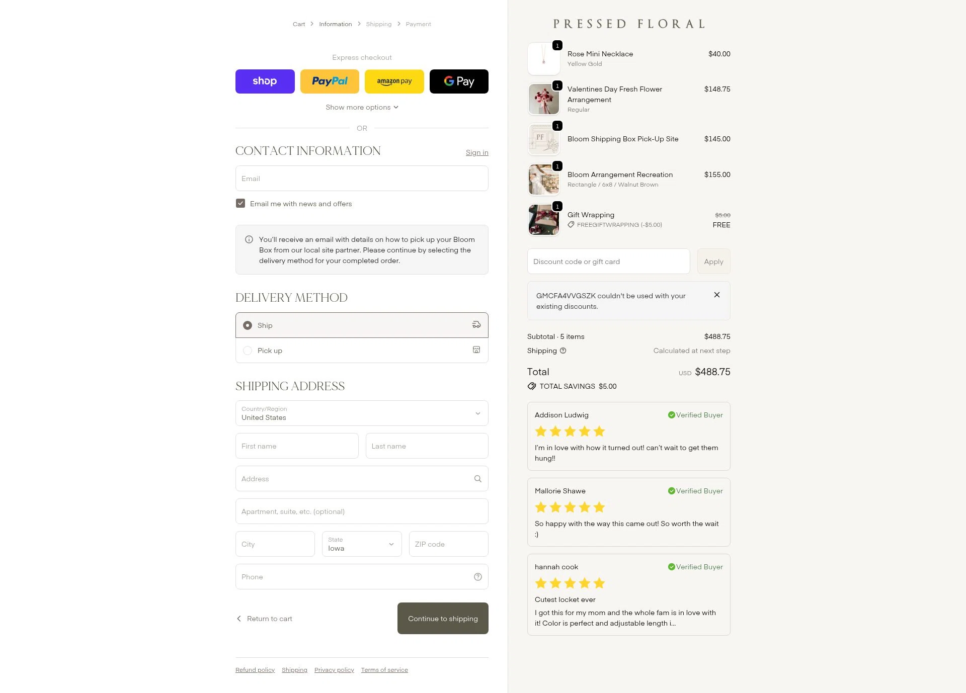 Pressed Floral checkout page showing Pressed Floral discount code box | Screenshot taken by SimplyCodes community member on Jan 7, 2026