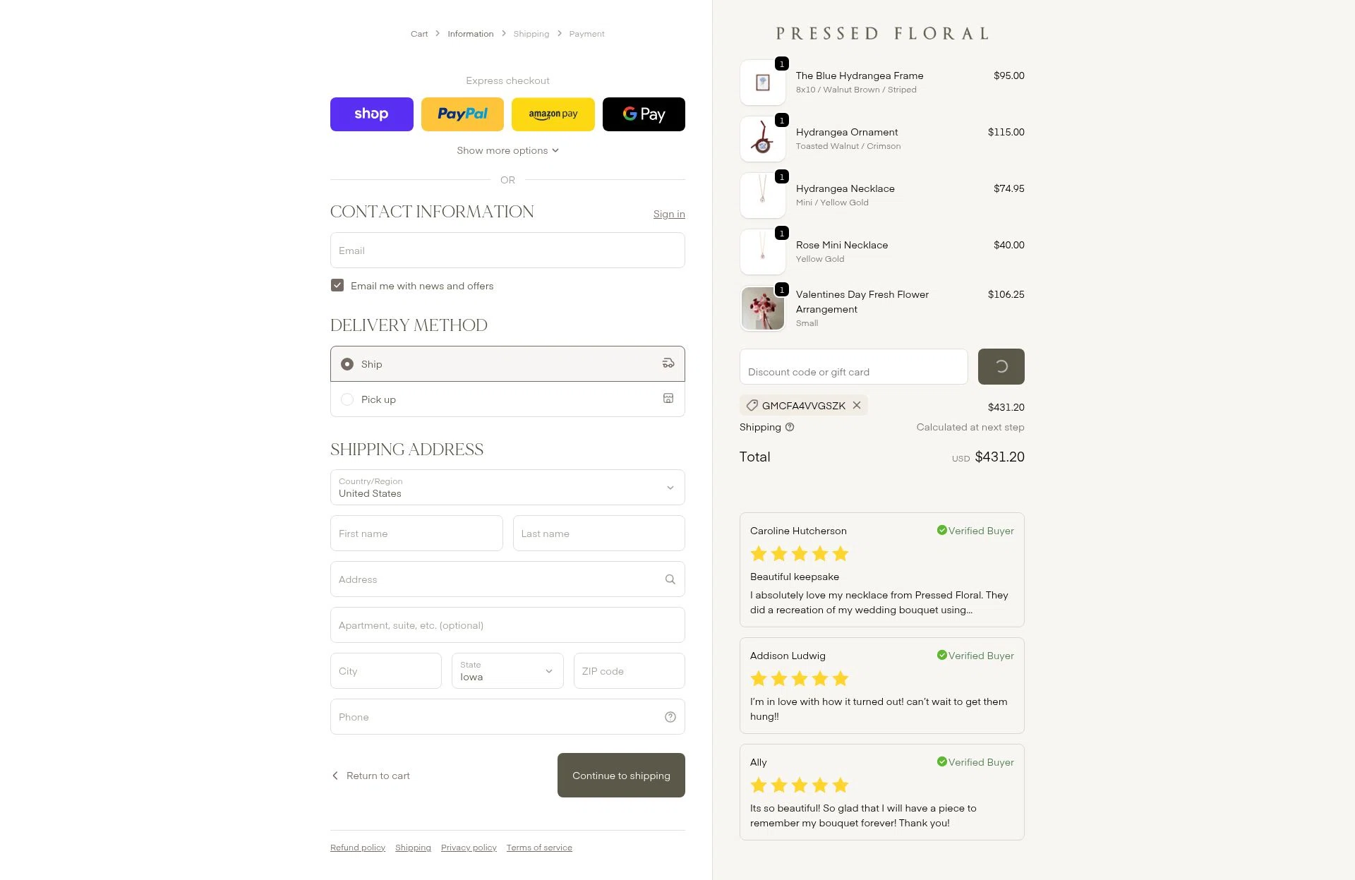 Pressed Floral checkout page showing Pressed Floral discount code box | Screenshot taken by SimplyCodes community member on Jan 22, 2026