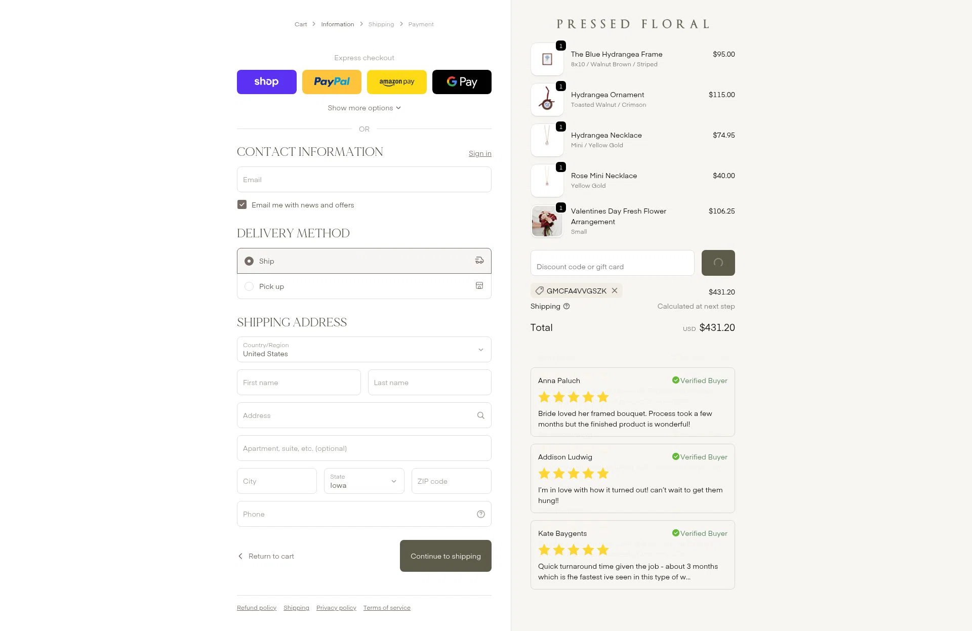 Pressed Floral checkout page showing Pressed Floral discount code box | Screenshot taken by SimplyCodes community member on Feb 5, 2026