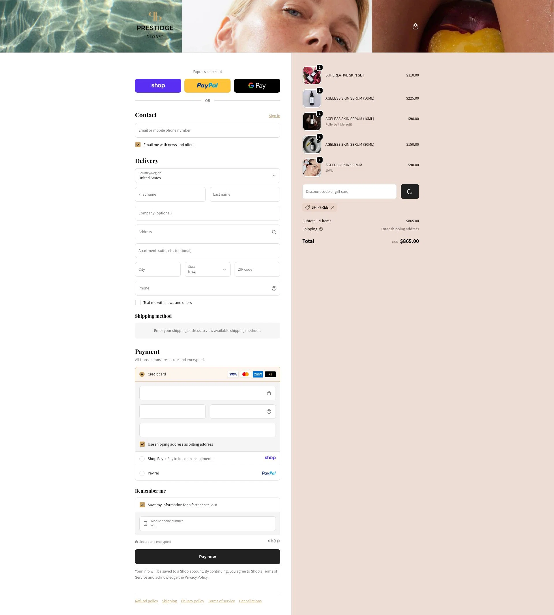 PRESTIDGE beauté checkout page showing PRESTIDGE beauté promo code box | Screenshot taken by SimplyCodes community member on Dec 25, 2025