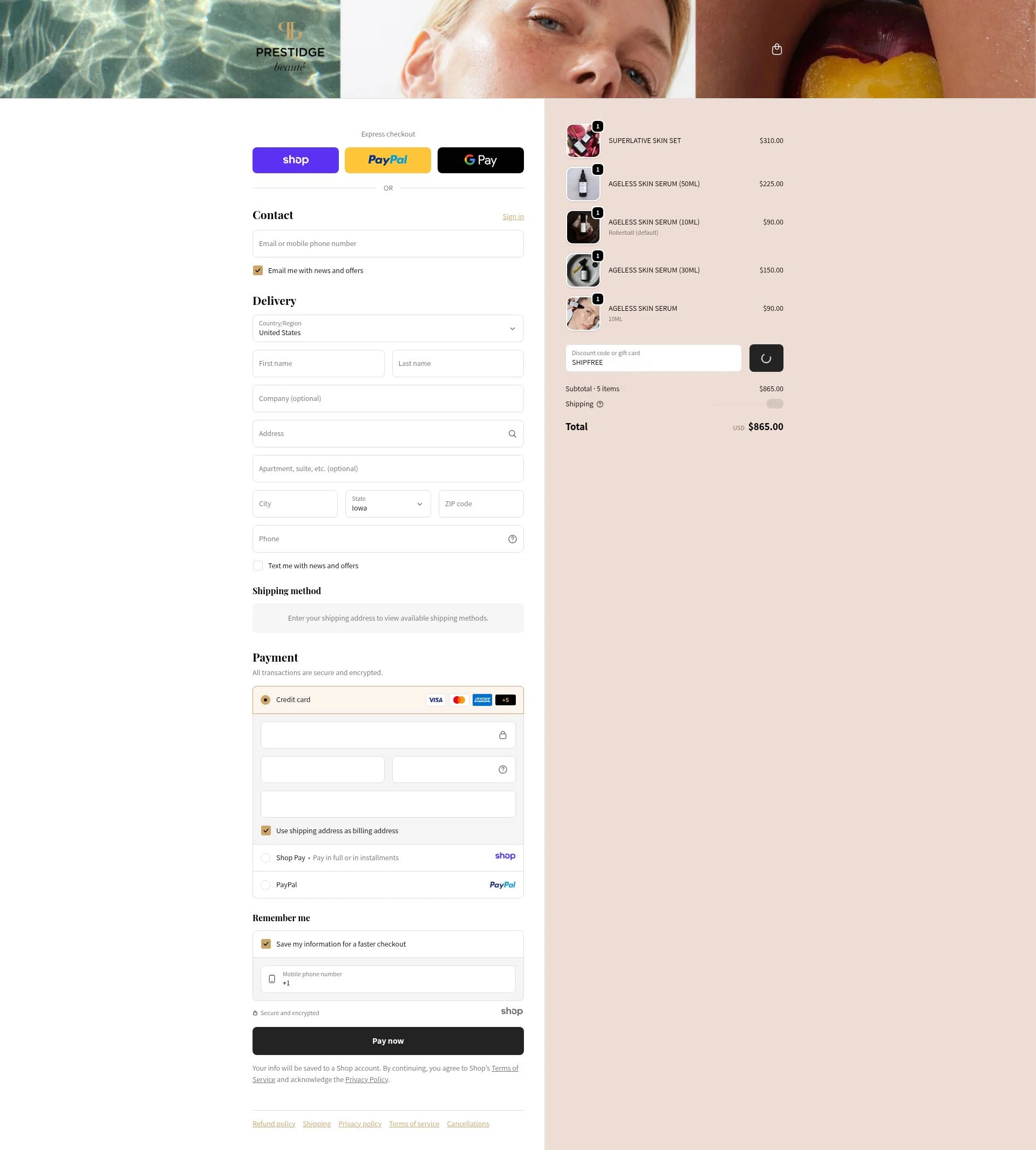PRESTIDGE beauté checkout page showing PRESTIDGE beauté promo code box | Screenshot taken by SimplyCodes community member on Dec 30, 2025