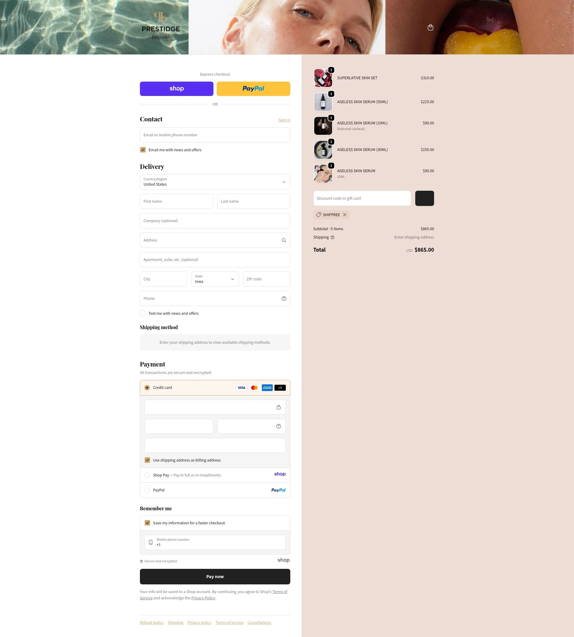 PRESTIDGE beauté checkout page showing PRESTIDGE beauté promo code box | Screenshot taken by SimplyCodes community member on Dec 19, 2025