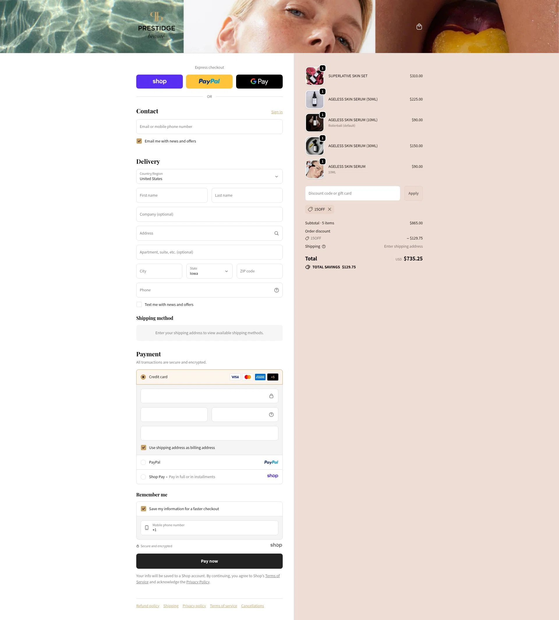 PRESTIDGE beauté checkout page showing PRESTIDGE beauté promo code box | Screenshot taken by SimplyCodes community member on Dec 12, 2025