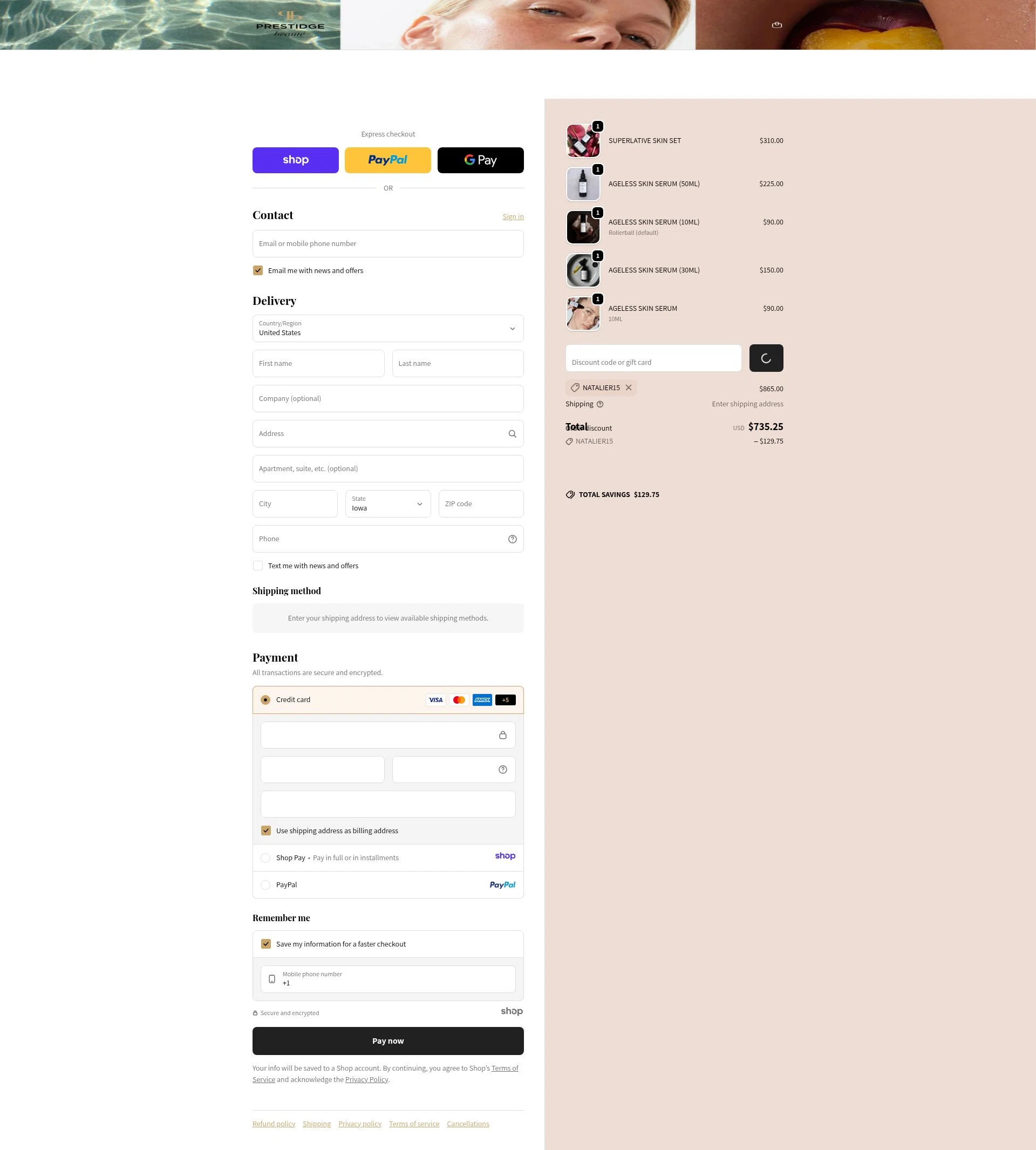 PRESTIDGE beauté checkout page showing PRESTIDGE beauté promo code box | Screenshot taken by SimplyCodes community member on Dec 25, 2025