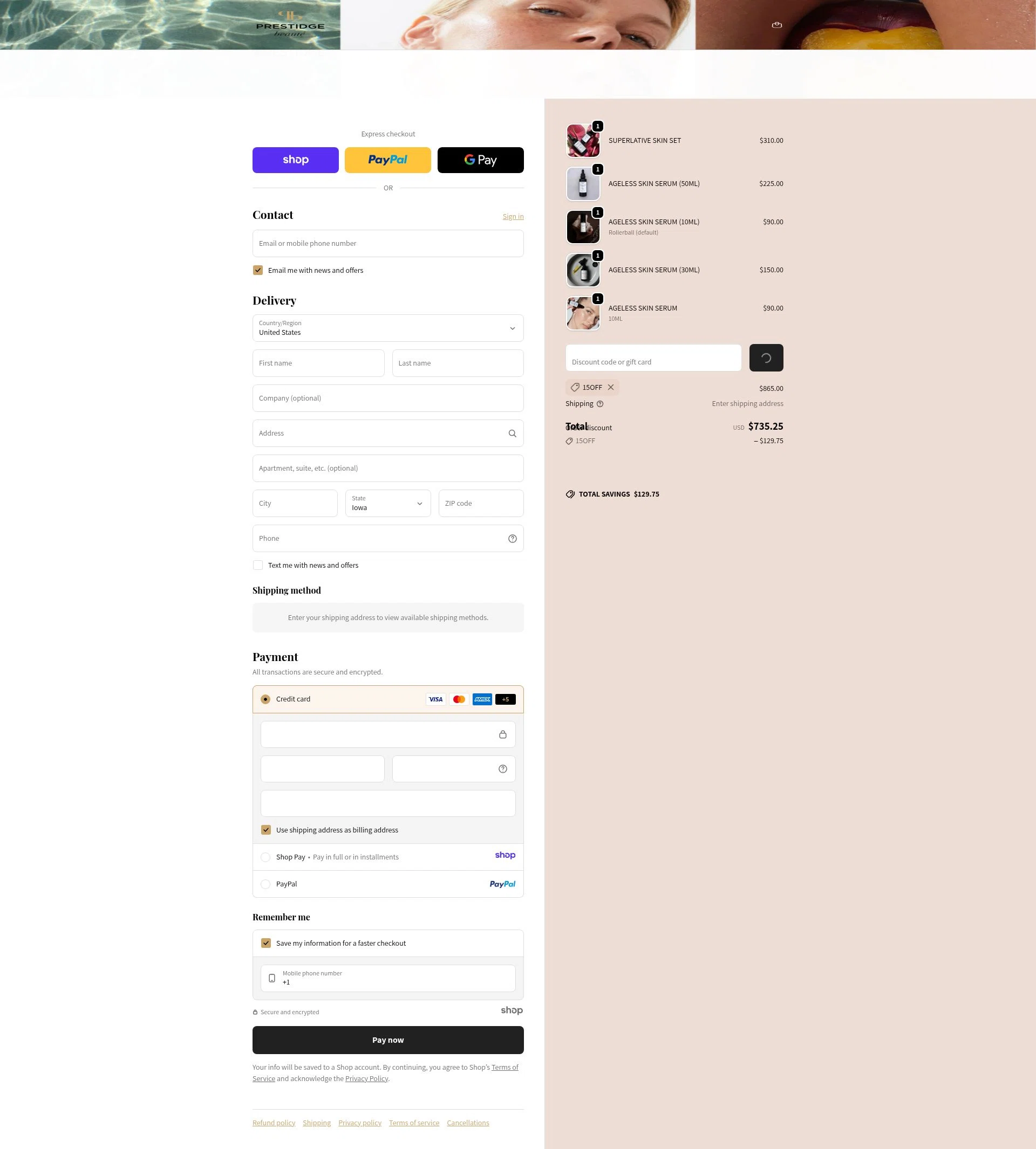 PRESTIDGE beauté checkout page showing PRESTIDGE beauté promo code box | Screenshot taken by SimplyCodes community member on Dec 30, 2025