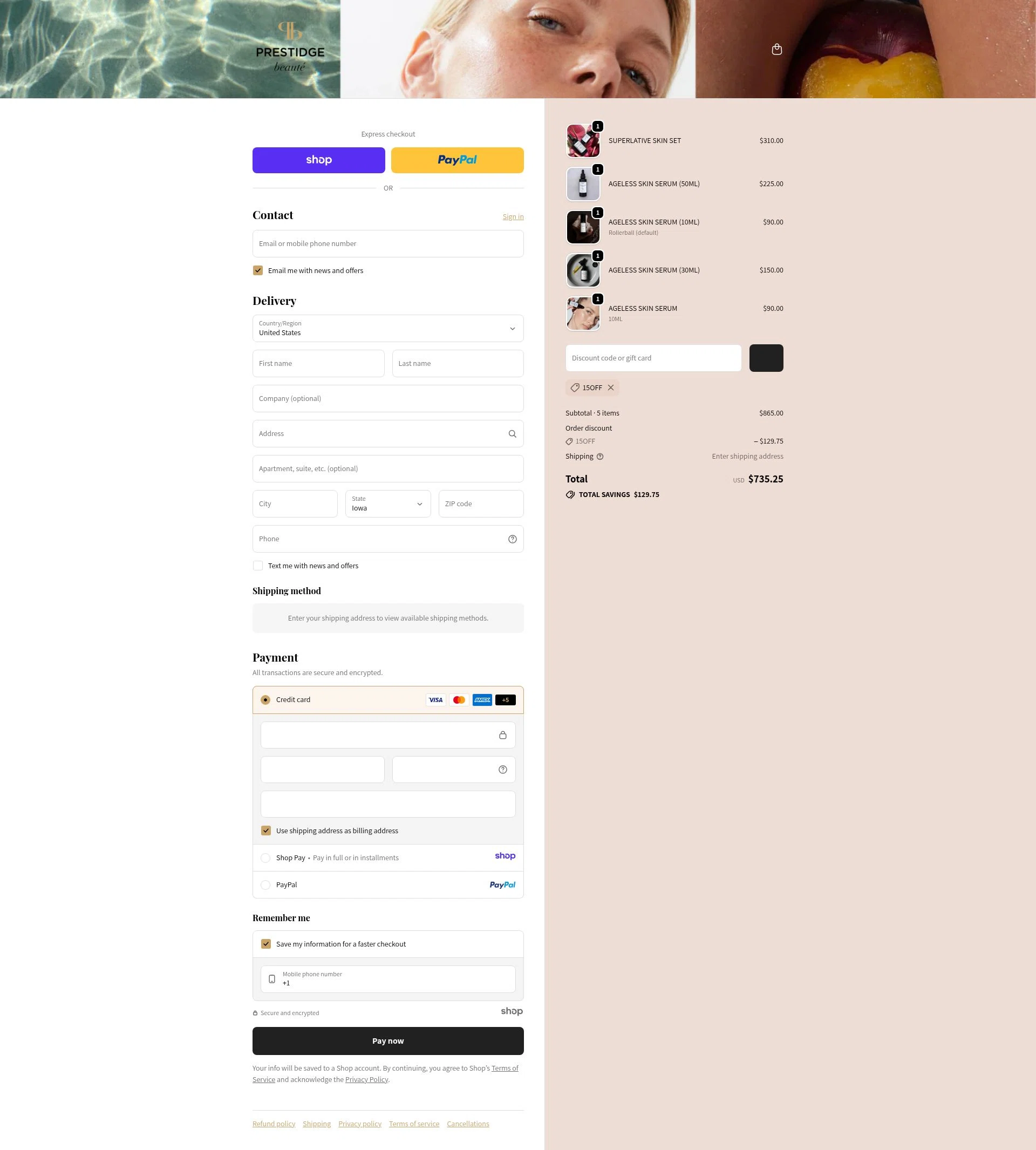 PRESTIDGE beauté checkout page showing PRESTIDGE beauté promo code box | Screenshot taken by SimplyCodes community member on Dec 19, 2025