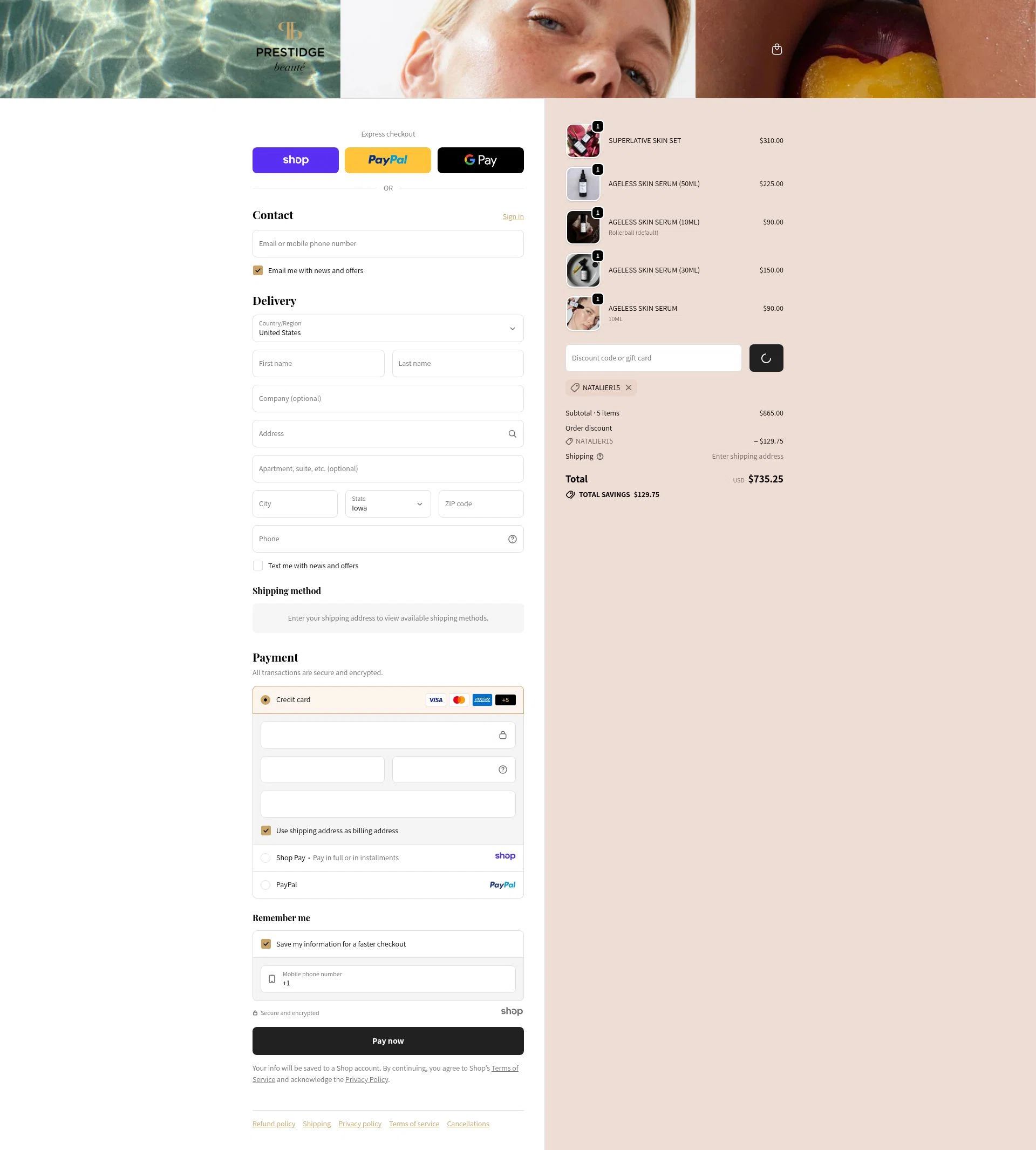 PRESTIDGE beauté checkout page showing PRESTIDGE beauté promo code box | Screenshot taken by SimplyCodes community member on Dec 30, 2025