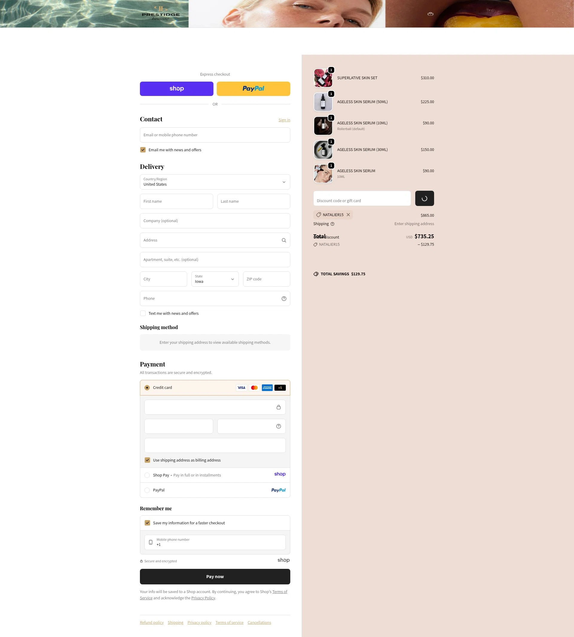 PRESTIDGE beauté checkout page showing PRESTIDGE beauté promo code box | Screenshot taken by SimplyCodes community member on Dec 19, 2025