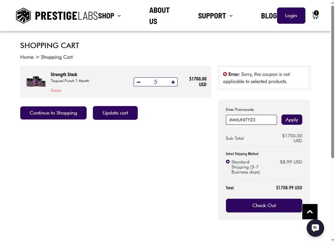 Prestige Labs checkout page showing Prestige Labs coupon code box | Screenshot taken by SimplyCodes community member on Sep 23, 2025