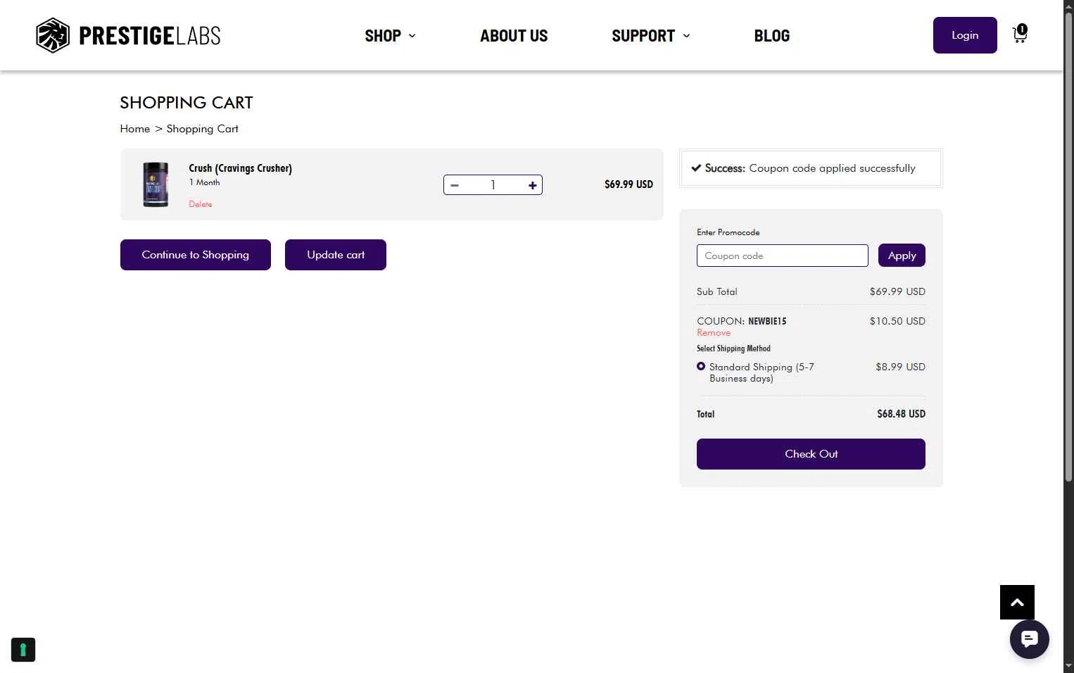 Prestige Labs checkout page showing Prestige Labs coupon code box | Screenshot taken by SimplyCodes community member on Dec 21, 2025