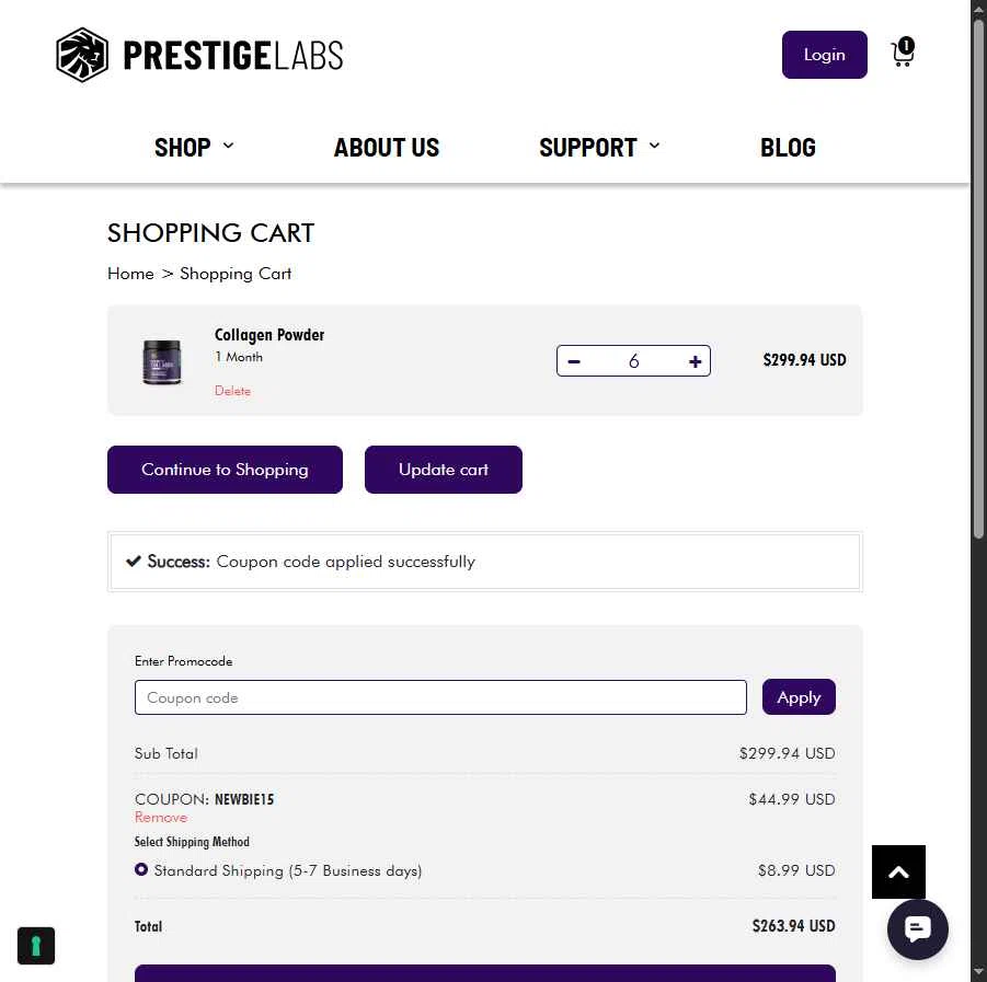 Prestige Labs checkout page showing Prestige Labs coupon code box | Screenshot taken by SimplyCodes community member on Jan 19, 2026