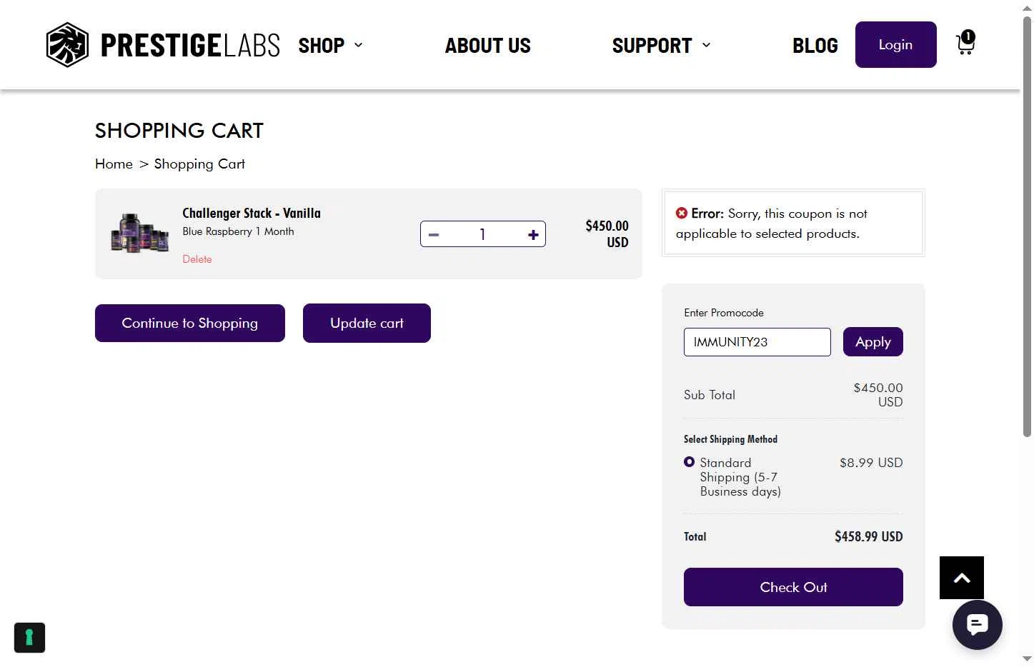 Prestige Labs checkout page showing Prestige Labs coupon code box | Screenshot taken by SimplyCodes community member on Sep 23, 2025