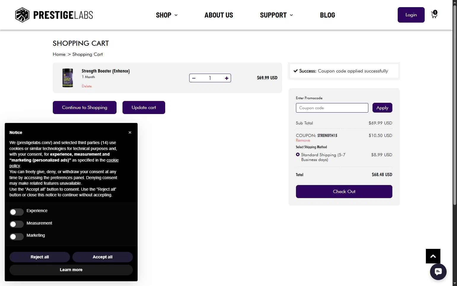 Prestige Labs checkout page showing Prestige Labs coupon code box | Screenshot taken by SimplyCodes community member on Jan 16, 2026