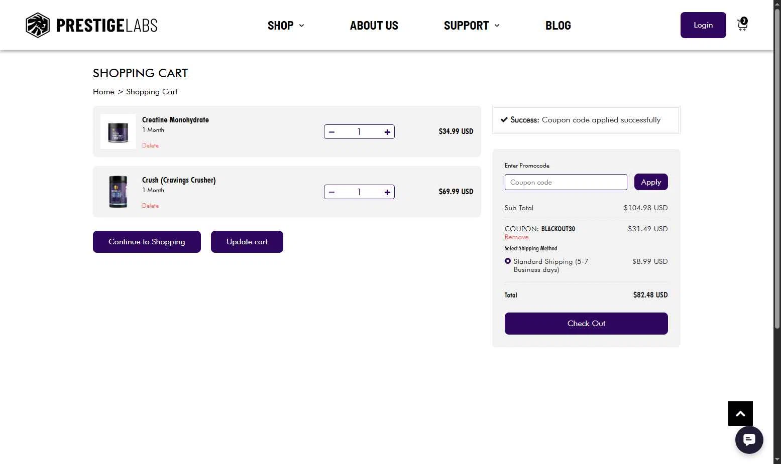 Prestige Labs checkout page showing Prestige Labs coupon code box | Screenshot taken by SimplyCodes community member on Nov 19, 2025
