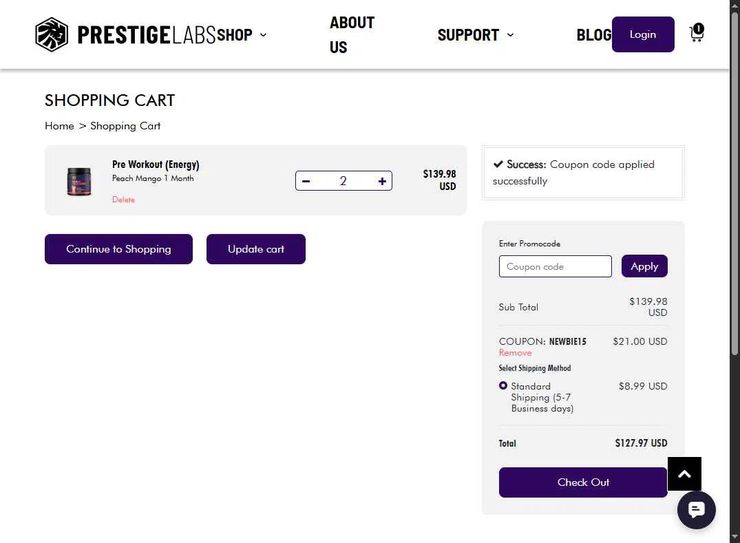 Prestige Labs checkout page showing Prestige Labs coupon code box | Screenshot taken by SimplyCodes community member on Nov 22, 2025