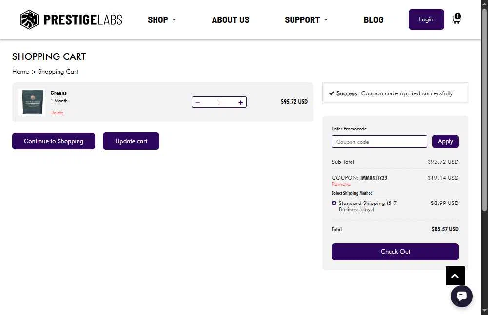 Prestige Labs checkout page showing Prestige Labs coupon code box | Screenshot taken by SimplyCodes community member on Sep 23, 2025