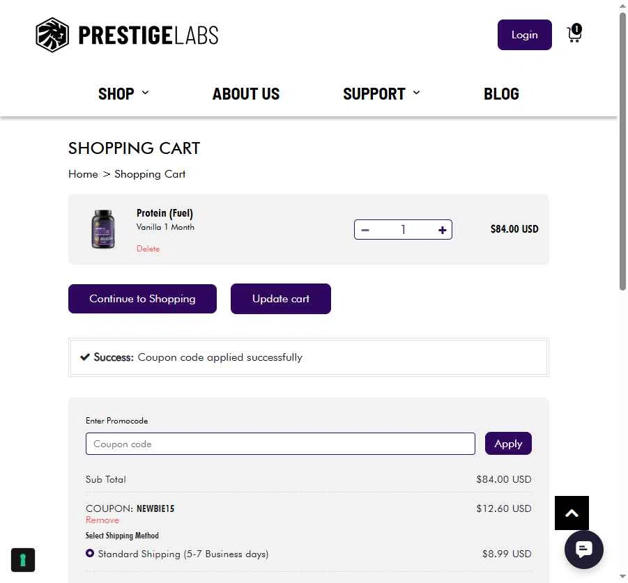 Prestige Labs checkout page showing Prestige Labs coupon code box | Screenshot taken by SimplyCodes community member on Sep 25, 2025