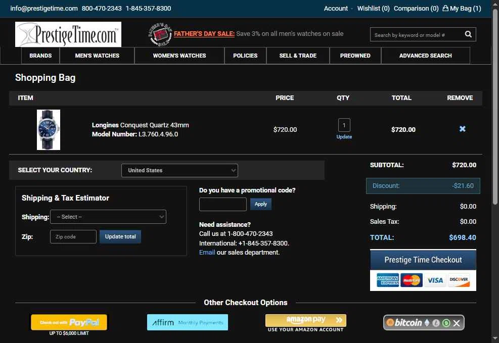 PrestigeTime checkout page showing PrestigeTime promo code box | Screenshot taken by SimplyCodes community member on May 30, 2025