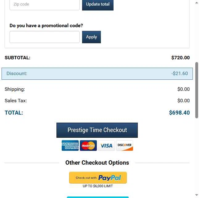 PrestigeTime checkout page showing PrestigeTime promo code box | Screenshot taken by SimplyCodes community member on May 30, 2025