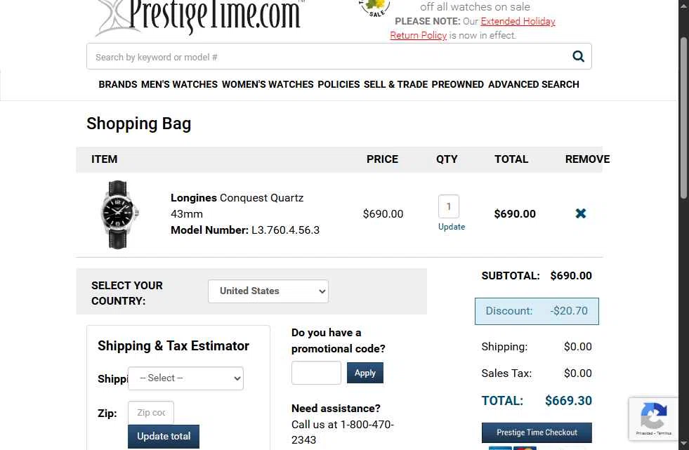 PrestigeTime checkout page showing PrestigeTime promo code box | Screenshot taken by SimplyCodes community member on Nov 13, 2025