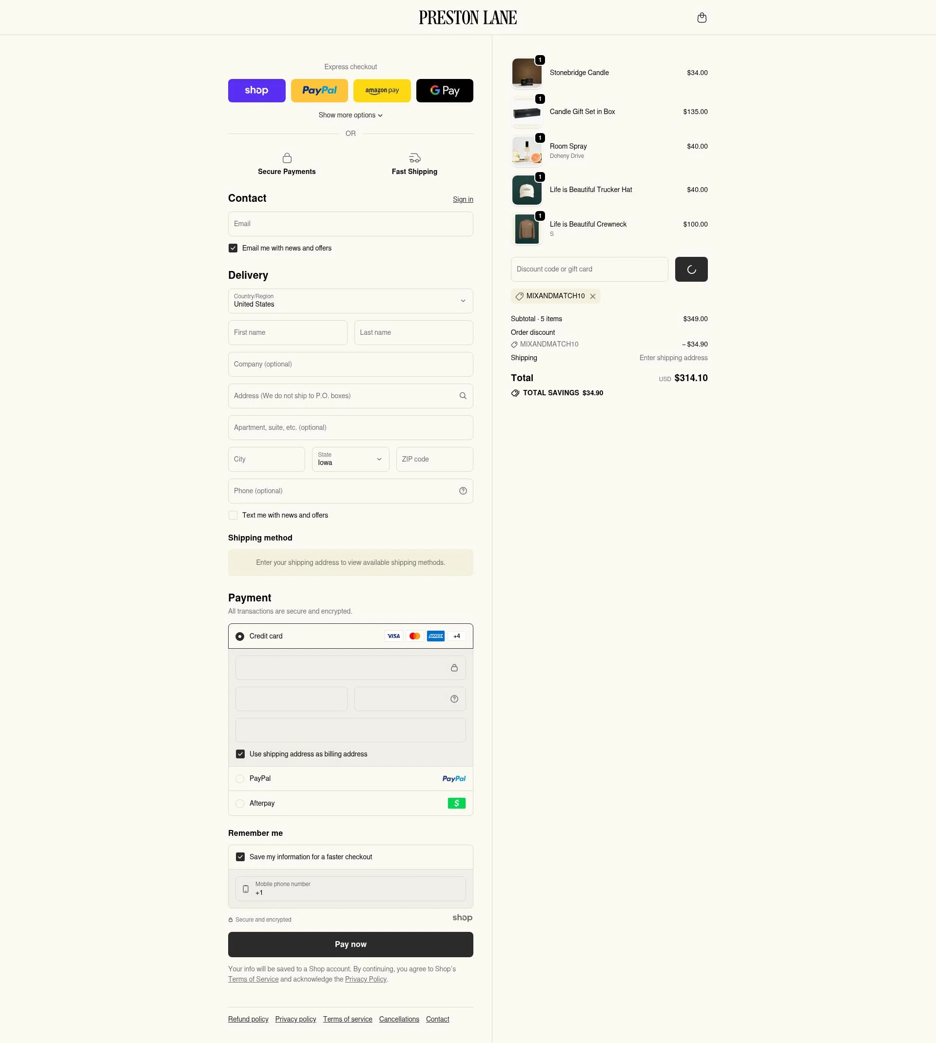 Preston Lane checkout page showing Preston Lane promo code box | Screenshot taken by SimplyCodes community member on Jan 7, 2026