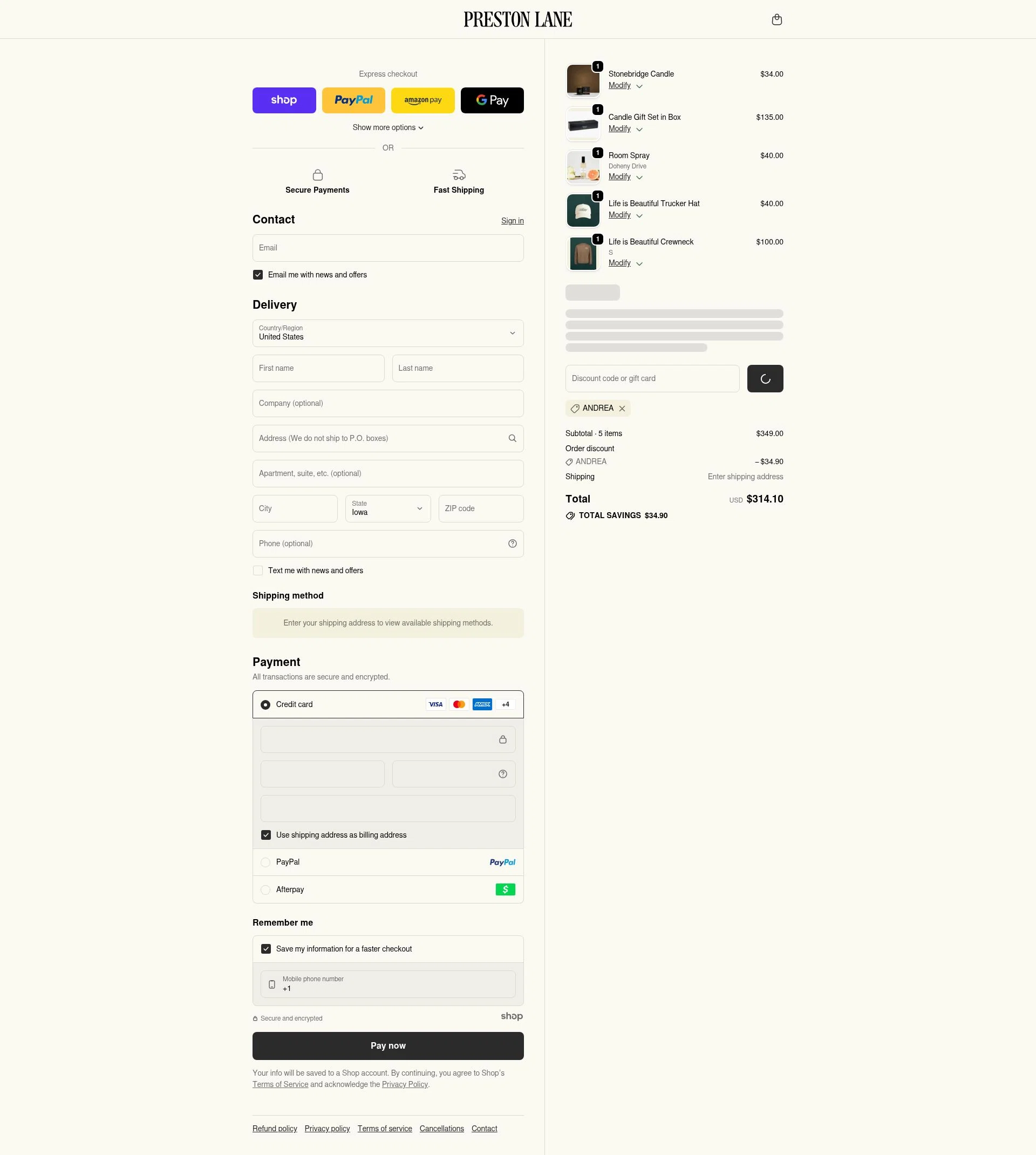 Preston Lane checkout page showing Preston Lane promo code box | Screenshot taken by SimplyCodes community member on Jan 7, 2026