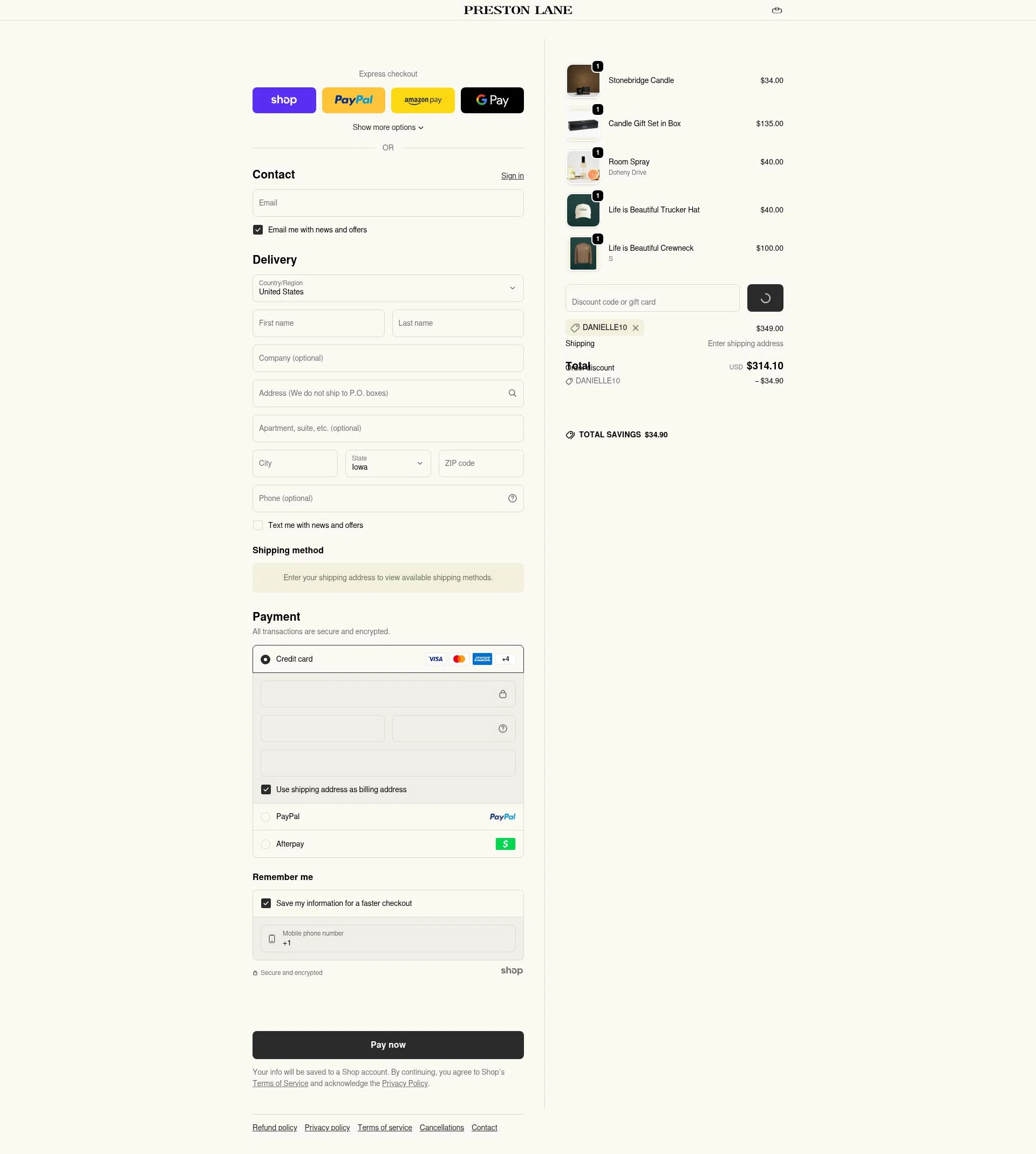 Preston Lane checkout page showing Preston Lane promo code box | Screenshot taken by SimplyCodes community member on Jan 7, 2026