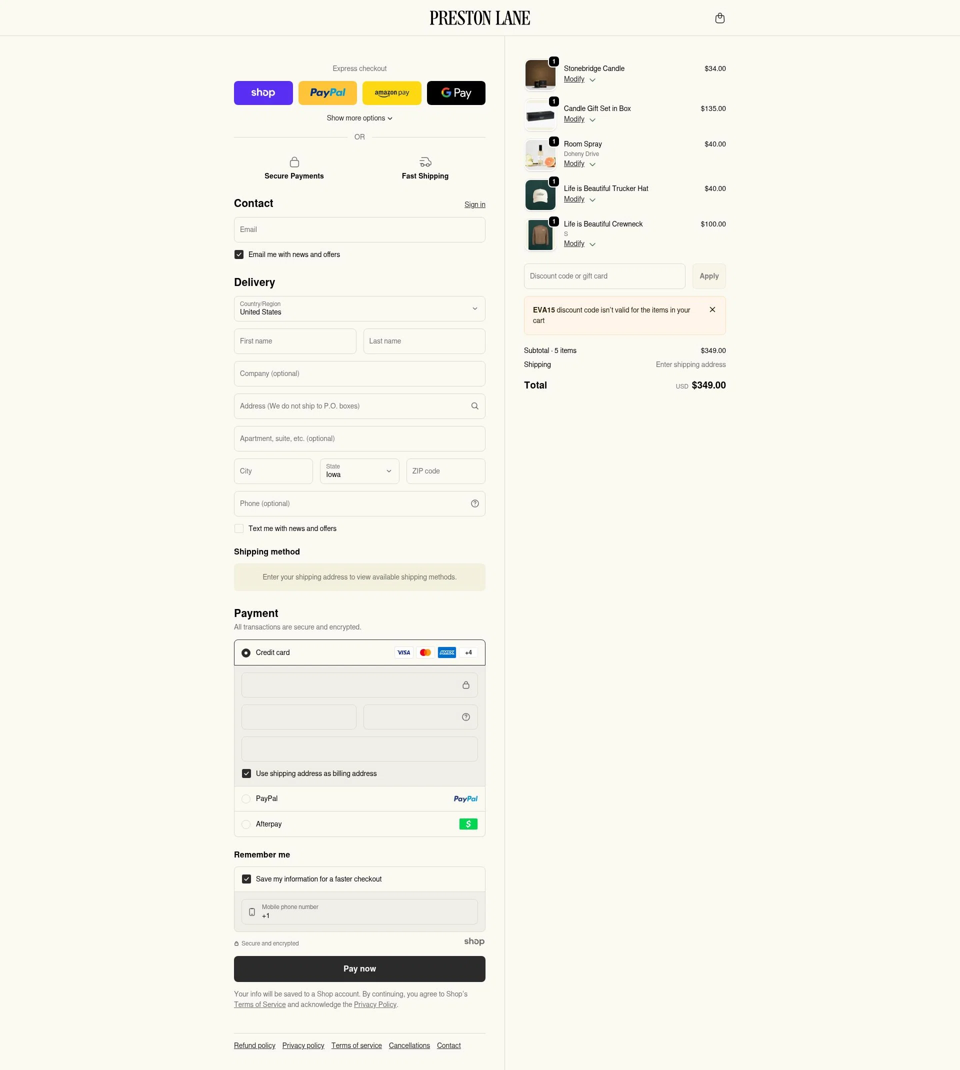 Preston Lane checkout page showing Preston Lane promo code box | Screenshot taken by SimplyCodes community member on Jan 7, 2026