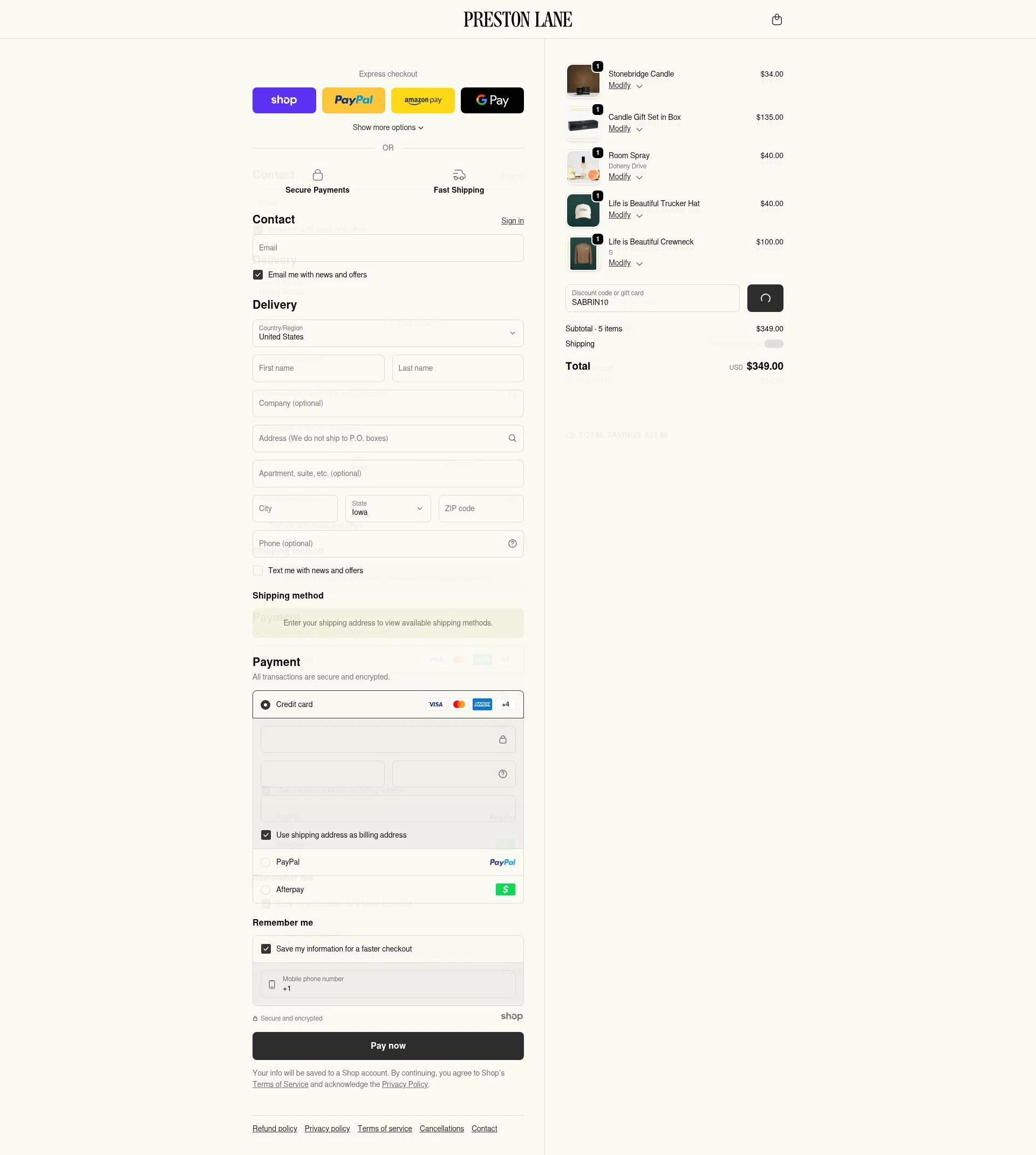 Preston Lane checkout page showing Preston Lane promo code box | Screenshot taken by SimplyCodes community member on Jan 7, 2026