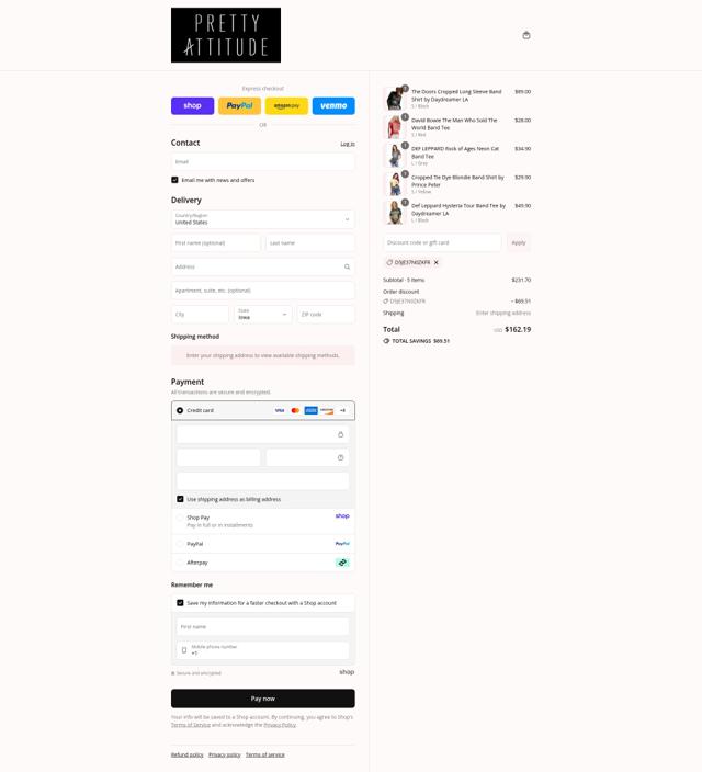 Pretty Attitude checkout page showing Pretty Attitude discount code box | Screenshot taken by SimplyCodes community member on Aug 31, 2025